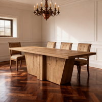 Table à manger rectangulaire en chêne massif rustique d'inspiration architecturale avec base trapézoïdale géométrique pour les propriétés et les intérieurs commerciaux