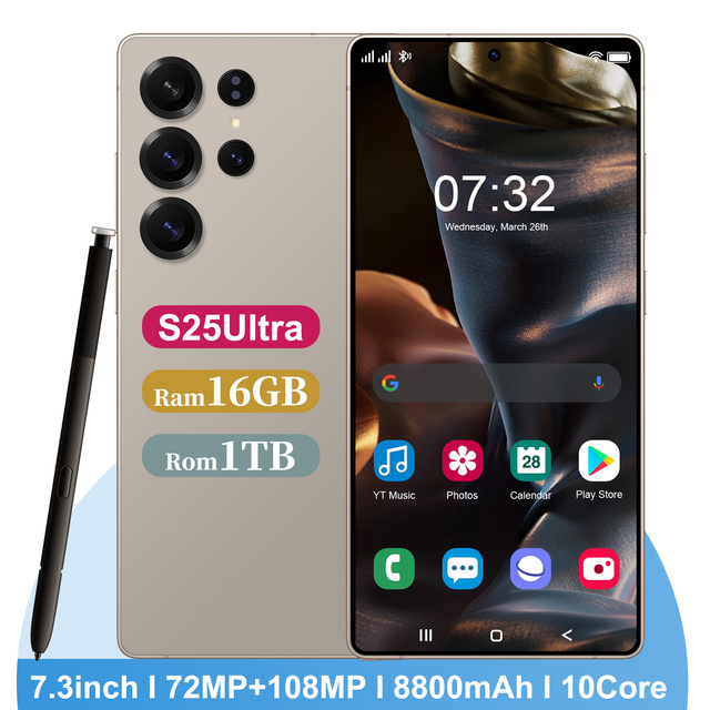 S25 Ultra Dual SIM TF Card 5G LTE Smartphone 7.3 Inch 120Hz 108MP AMOLED 8000mAh 16GB 1TB Face Recognition Fingerprint Unlock
