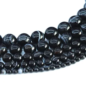 Natural preto areia pedras cordas Listrado Ágata Beads Gemstone Rodada Solta pedra Beads para Fazer Jóias