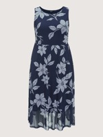 Nouvelle Arrivée 2026 Robe Midi Sans Manches à Imprimé Floral Bleu Marine Grande Taille Col Rond pour Femmes Robe Casual