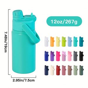 Bouteille d'eau isotherme en acier inoxydable de 12 oz avec logo personnalisé, poignée et couvercles anti-fuite, OEM en gros - Product Image 2