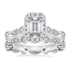 OAHLAN Conjuntos de Anillos de Novia de Plata de Ley 925 de 2 CT con Circonita Cúbica Talla Esmeralda Anillos de Compromiso Vintage Anillos de Promesa Alianzas de Boda para Mujer - Product Image 1
