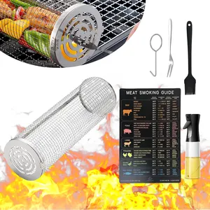 2pcs rolling cylinder barbecue grill net basket portable bbq for roasting meat