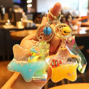 Cartoon star shaped acrylic fish panda duck dinosaur etc small cut animal keychain pendant pet doll liquid quicksand keychain