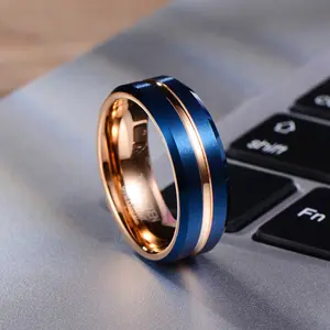 Ready To Ship Fashion Rings 8mm Tungsten Ring Blue Rose Gold Center Beveled Edges Matte Mens Tungsten Wedding Band Comfort Fit
