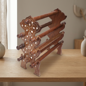 Soporte Decorativo de Mesa para Brazaletes, Hecho a Mano, de Madera Pulida Ecológica, con Seis Varillas, Diseño de Imitación India Antigua con Incrustaciones Blancas, Ideal para Regalo - Product Image 3