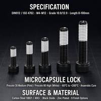 Vis à verrouillage de filetage pré-appliquées DIN912 M4 M5 M6 M8 M10 M12, à verrouillage chimique par microcapsules, grade 10.9 12.9, en acier au carbone, oxyde noir
