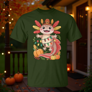 Linda camiseta de Acción de Gracias con diseño de axolote, sombrero de peregrino y luces navideñas - Product Image 3