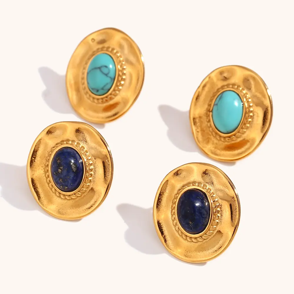 Vintage Oval 18K Gold Stainless Steel Charm Jewelry Turquoise Natural Stone Palace Style Stud Earrings for Women Gift