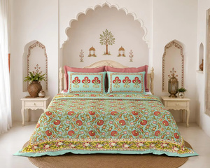 Parure de lit de luxe sérigraphiée en coton indien, motif floral, faite à la main à Jaipur, style bohème, taille King, respirante, toutes saisons, pour la maison - Product Image 1