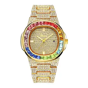 6044 Hot selling Iced Out Watch Gold Colorful Diamond Watch for Men Square Bling Hip Hop Wristwatch