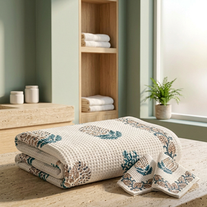 Ensemble de serviettes de bain gaufrées imprimées à la main en coton, 1 serviette de bain et 2 serviettes de toilette pour la maison, l'hôtel et la salle de bain - Product Image 3