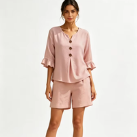 Ensemble deux pièces en lin pour femme, haut à col en V et manches courtes à volants, pantalon court à taille élastique, tenue décontractée d'été, ensemble court deux pièces pour femme
