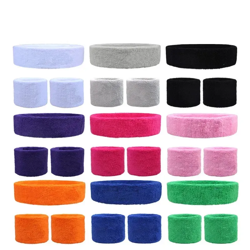 Custom Cotton Terry Cloth Sport Exercise Tennis head Wristband Embroidery Sweatband Elastic Workout Sweat Band set