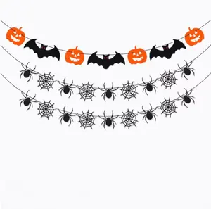 Black Spiders Cobwebs Bats Jack-O-Lantern Banner flag garland for Happy Halloween garden house room fireplace garage Party decor