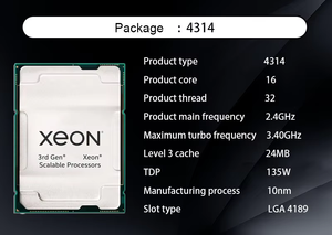 Nouveau processeur Xeon Silver 4314 16 cœurs 32 threads 2,4 GHz 24 Mo 135 W LGA 4189 Architecture Ice Lake Mémoire DDR4-2667 MHz ECC Processeur serveur - Product Image 5