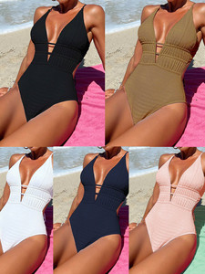 Traje de baño de una pieza con textura y escote en V profundo para mujer, traje de baño sin espalda con aberturas para vacaciones de verano en la playa - Product Image 4