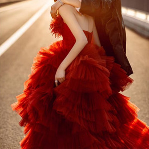 Strapless Red Chiffon Ball Gown Dress Natural Waistline For Outdoor Photography Studio Wear - Product Image 3