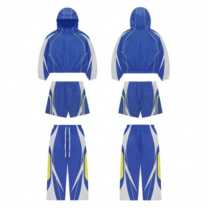 Conjunto Deportivo Unisex Azul con Diseño Geométrico, Sudadera con Capucha y Cremallera, Pantalones Cortos de Secado Rápido, Ropa Deportiva de Poliéster para Verano, Adultos - Product Image 1