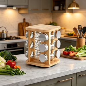 Bamboo Spice Rack 3 Tier Rotating Glass <b>Jars</b> With Metal Lids <b>For</b> <b>Kitchen</b> <b>Storage</b> - Product Image 1