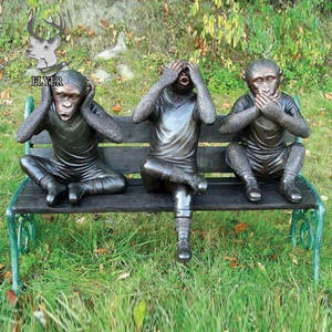 Estatua de Animal de Metal de tamaño real, estatua Popular de bronce de <span class=keywords><strong>tres</strong></span> <span class=keywords><strong>monos</strong></span> en banco para decoración de jardín al aire libre - Product Image 4