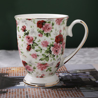 Tasses à café en porcelaine fine de style nordique HiXin, motif floral exquis, bordure dorée, poignée ergonomique, cadeau créatif personnalisé pour la maison