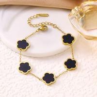 Bracelet en acier inoxydable noir et blanc plaqué or avec zircon et motif cinq feuilles, couleur personnalisée, tendance, pour femme