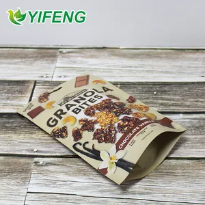 Recycle Printed Snack Packaging Brown Kraft Paper Bag With Ziplock Stand Up Pouch