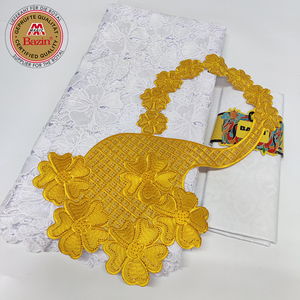Tessuti africani di pizzo a secco di cotone con colletto per le donne abbigliamento da sposa fatto da te cucito Nigeria Mali puro latte <span class=keywords><strong>bianco</strong></span> lacci di seta - Product Image 3