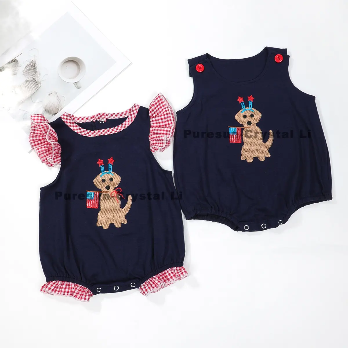 Puresun Baby Boy Little Clothesバブルネイビーブルー100% コットンロンパース、子犬刺Embroideryカジュアルスタイル夏と7月4日