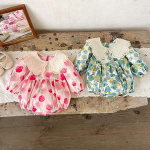 Mono de Algodón Puro con Estampado Floral y Cuello de Encaje para Bebés Niñas, Primavera-Otoño 2026, Estilo Informal y Holgado - Product Image 1