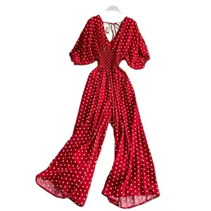 2024 seksi V-neck dolman lengan pinggang ramping polka dot cetak jumpsuit Bohemian lebar kaki celana jumpsuit Cami Jumpsuit