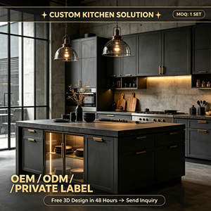 Armoires <span class=keywords><strong>de</strong></span> <span class=keywords><strong>cuisine</strong></span> sur mesure en MDF avec revêtement PVC noir mat, armoires murales d'îlot, poignées dorées, éclairage LED, respectueuses <span class=keywords><strong>de</strong></span> l'environnement - Product Image 1