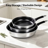 Batterie de cuisine professionnelle 3 pièces en acier inoxydable, poêle à frire conique style américain, compatible induction, base épaisse, poignée anti-chaleur