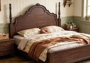 Premium Queen Size Solid Wood Spindle <b>Bed</b> With Carved Curved Headboard For Vintage Bedroom - Product Image 2
