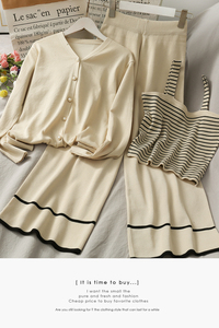 Completo da <span class=keywords><strong>Donna</strong></span> Tre Pezzi: Giacca Lavorata a Maglia con Scollo a V e Bretelle a Righe, Pantaloni a Vita Alta a Gamba Larga - Collezione Autunno 2025 (Vendita all'Ingrosso) - Product Image 6