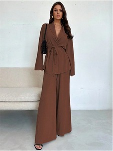 Setelan Wanita 2 Potong, Kedatangan Baru 2026 Blus Berikat dengan Celana Kaki Lebar, Setelan Kantor Elegan untuk Wanita. - Product Image 6