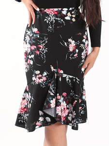 Jupe sirène moulante taille haute pour femme - Jupe crayon à imprimé floral vintage avec ourlet à volants - Design jupe sirène florale - Product Image 1