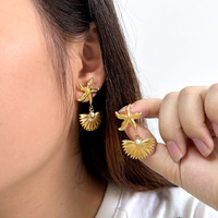 MYNECK Nouveauté Boucles d'oreilles créoles tendance en acier inoxydable plaqué or 18 carats, anti-ternissement, style bohème, motif étoile de mer et coquillage