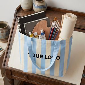 Sac fourre-tout rayé en toile rétro personnalisé pour femmes, grande capacité, sac à bandoulière en coton recyclable, sac de shopping pour les voyages et la salle de sport - Product Image 5