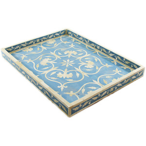 Plateau de service rectangulaire bleu de luxe en bois Art Déco, artisanal, pour la décoration intérieure, incrustation d'os pour salle de bain et cuisine, non en résine, non en céramique - Product Image 4