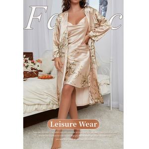 Nieuwe Damesmode Satijnen Nachtkleding Vest Met Lange Mouwen En Spaghettibandjes Mini-Jurk Dames Lente Zomer Bloemenjas Set - Product Image 4