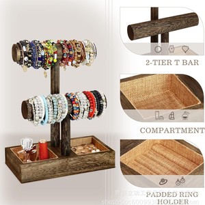 Organizador de joyas de madera de 2 niveles con barra en T, soporte para pulseras con compartimento y soporte acolchado para anillos para almacenamiento en escritorio. - Product Image 1