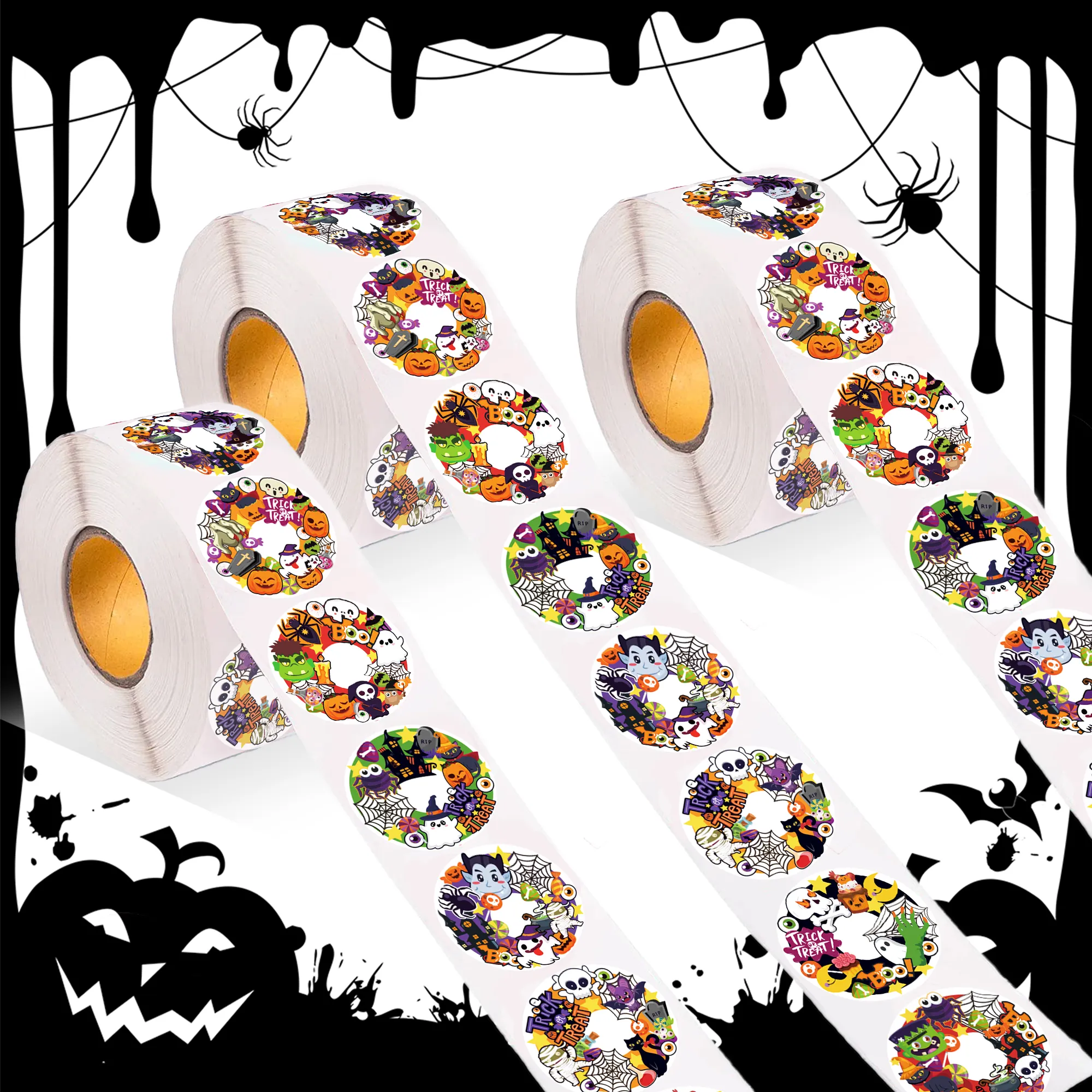 JT025 Halloween Label Adhesive Stickers Roll Round Seal Ghost Pumpkin Stickers for Halloween Party Blackboard