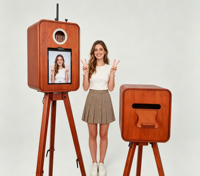 Machine photo classique haut de gamme en bois avec support d'imprimante assorti pour location événementielle (mariages, fêtes, photographie)