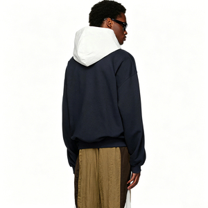Felpa con Cappuccio Oversize di Alta Qualità per <span class=keywords><strong>Uomo</strong></span>, Stile Streetwear Essenziale, Bicolore Blu Navy e Bianco con Bordi in French Terry - Product Image 3