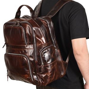 Genuine Leather <b>Backpack</b> <b>15</b> <b>Inches</b> <b>Laptop</b> Bag For Men Casual Business Style Oil Wax Finish Solid Color Durable Design - Product Image 5