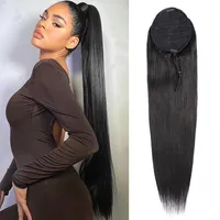 Extensions de cheveux queue de cheval droites avec postiche 100G, noir naturel, cheveux humains brésiliens Remy 100%, queue de cheval à cordon de serrage et clips