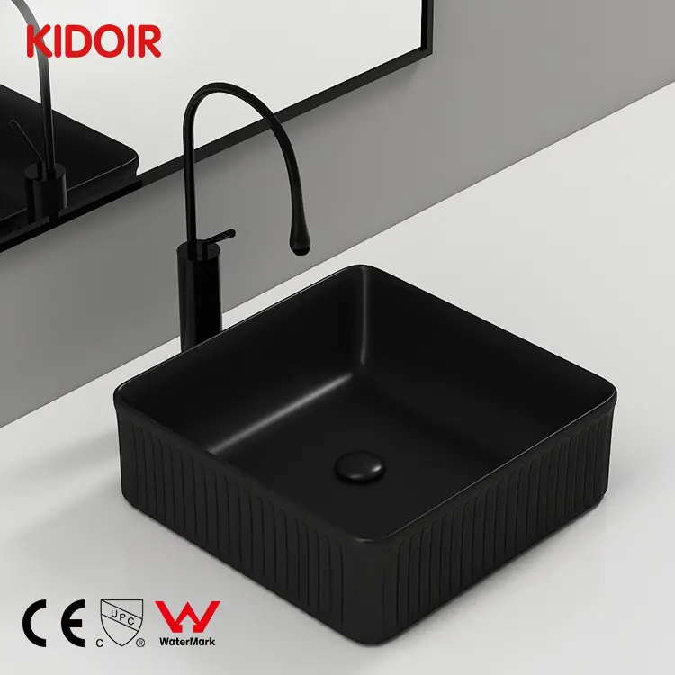 Kidoir New Black Color Square Striped Table Top Art Hand Wash Basin Lavabo Washbasin Porcelain Countertop Vessel Bathroom Sink