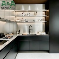 Meubles de cuisine industriels modernes en bois, panneaux MDF, unités de base noires, robinet extractible, évier fait main, résistant à l'eau, écologique